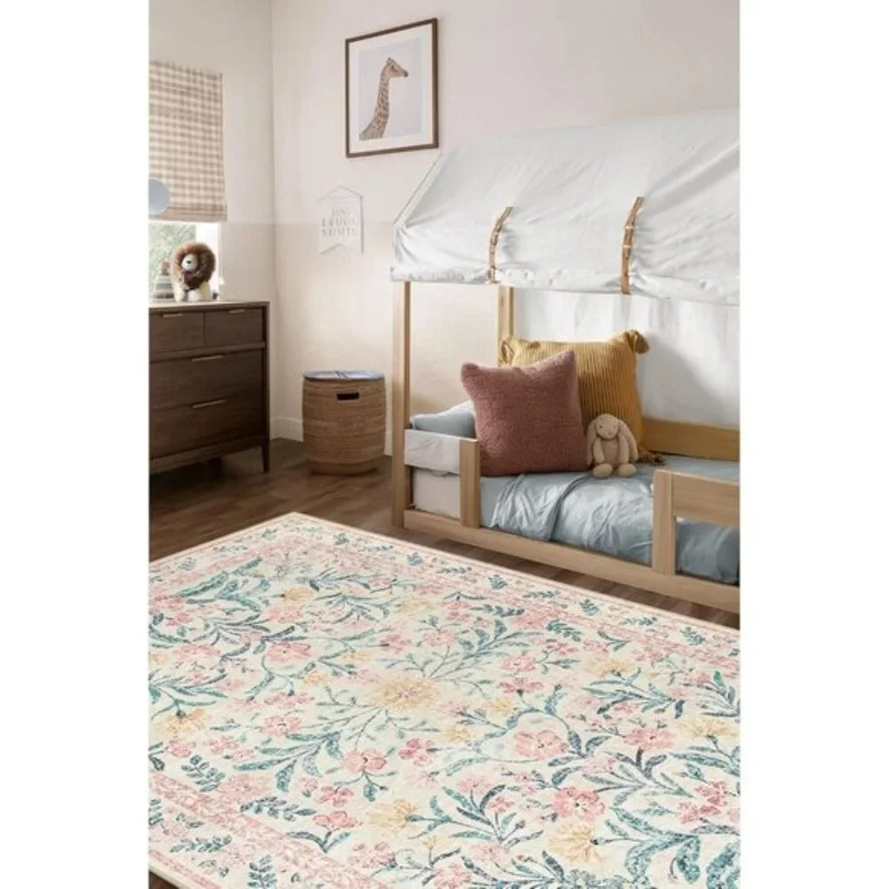 New 5x7 Pink Nursery Area Rug, Washable Non-Slip Floral Carpet for Girls Room